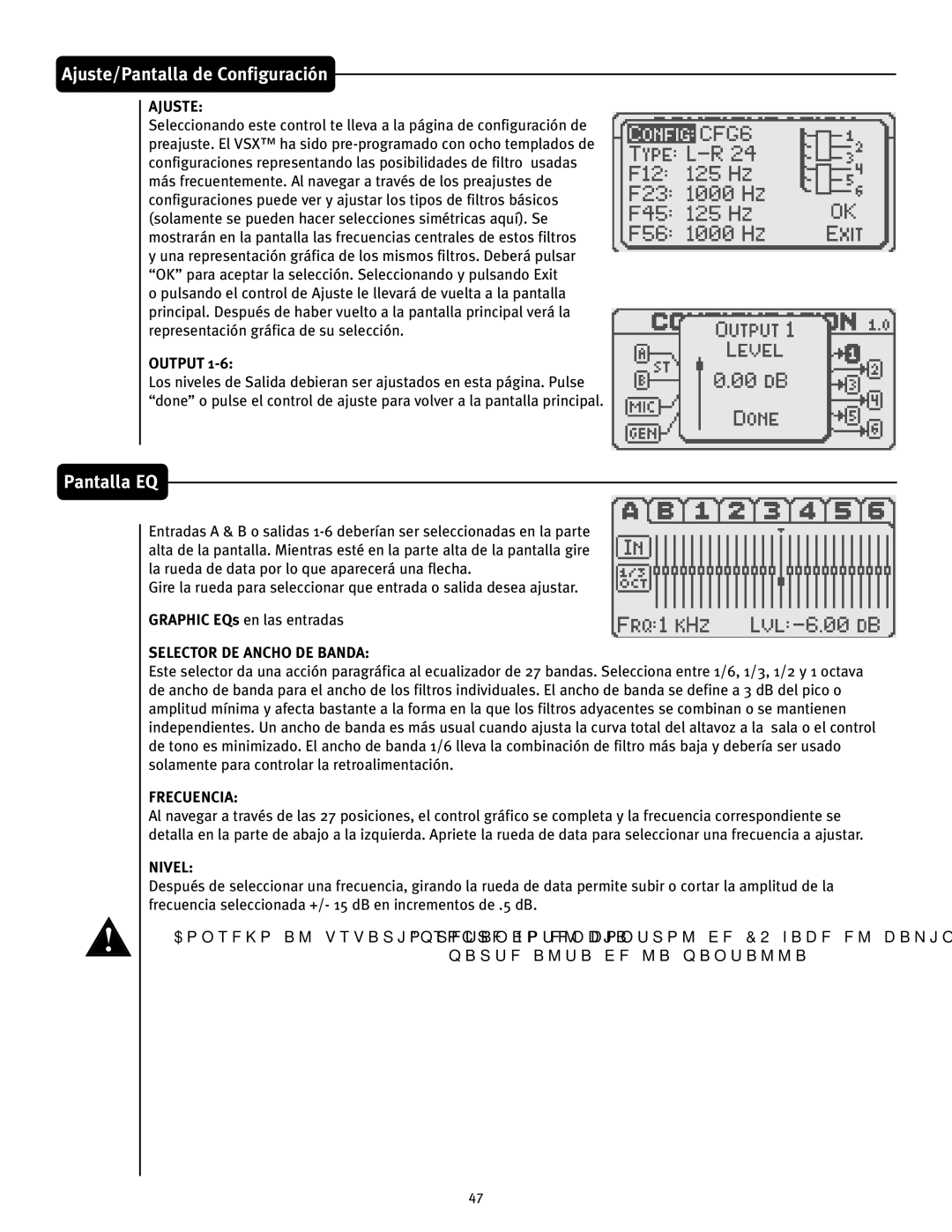 Peavey VSX 26 manual Pantalla EQ, Ajuste, Selector DE Ancho DE Banda, Frecuencia, Nivel 