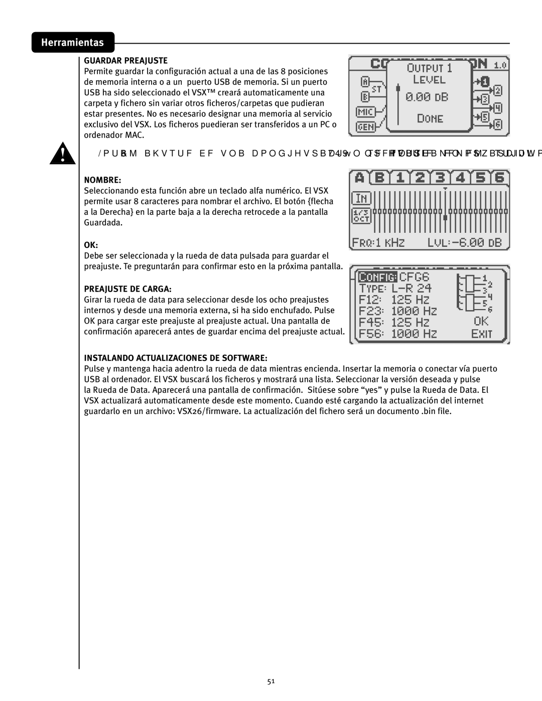 Peavey VSX 26 manual Herramientas, Guardar Preajuste, Nombre, Preajuste DE Carga, Instalando Actualizaciones DE Software 