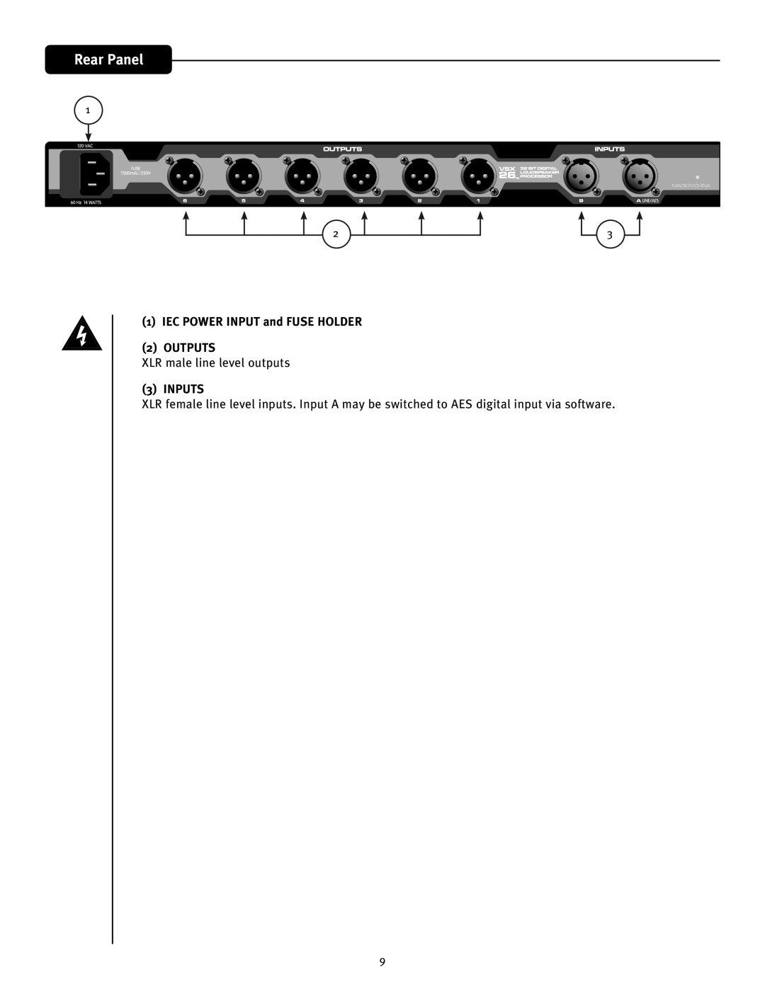 Peavey VSX 26 manual Rear Panel, IEC power input and fuse holder Outputs, XLR male line level outputs, Inputs 