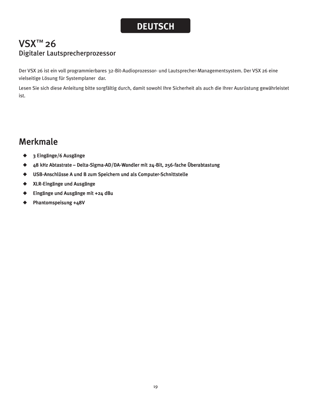 Peavey VSX 26 manual Deutsch, Merkmale, Digitaler Lautsprecherprozessor 