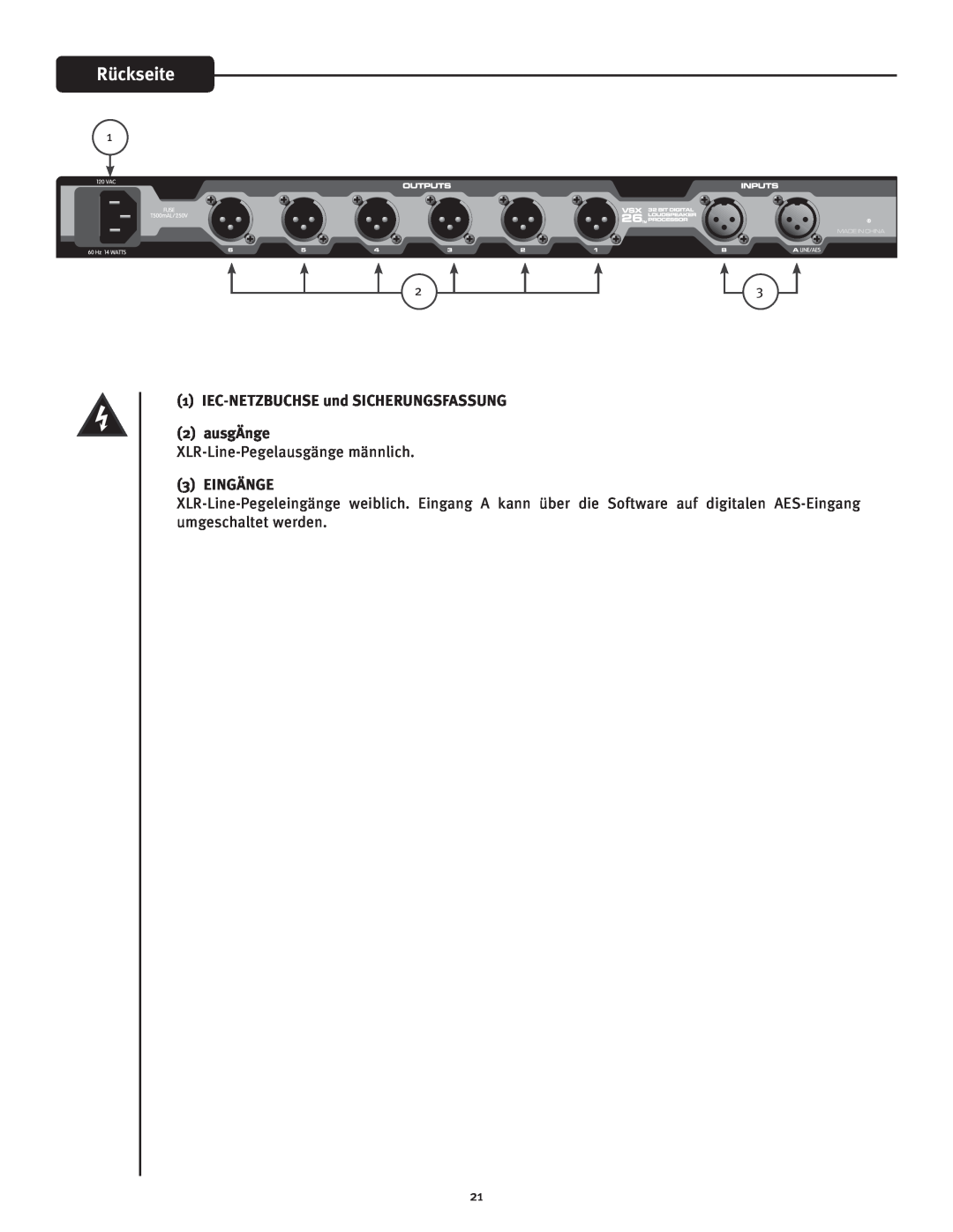 Peavey VSX 26 manual Rückseite, 1IEC-NETZBUCHSEund SICHERUNGSFASSUNG 2ausgÄnge, Eingänge 
