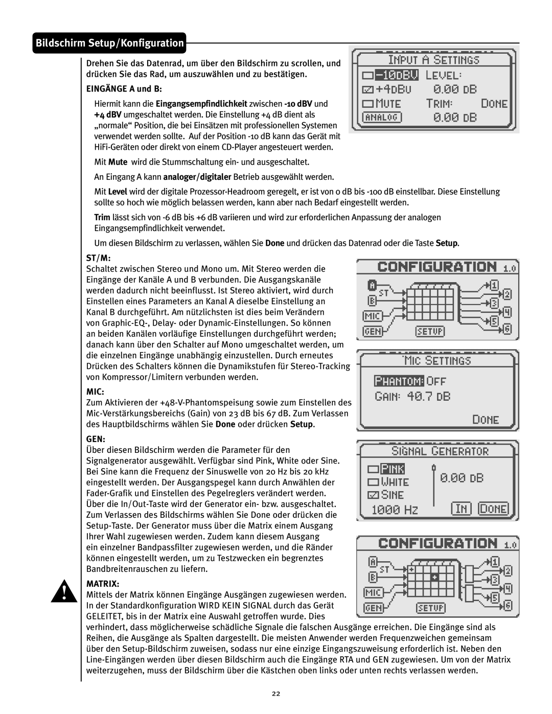 Peavey VSX 26 manual Bildschirm Setup/Konfiguration, EINGÄNGE A und B, St/M, Matrix 
