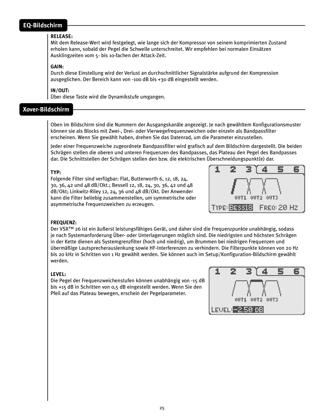 Peavey VSX 26 manual Xover-Bildschirm, EQ-Bildschirm, Release, Gain, In/Out, FrequenZ, Level 