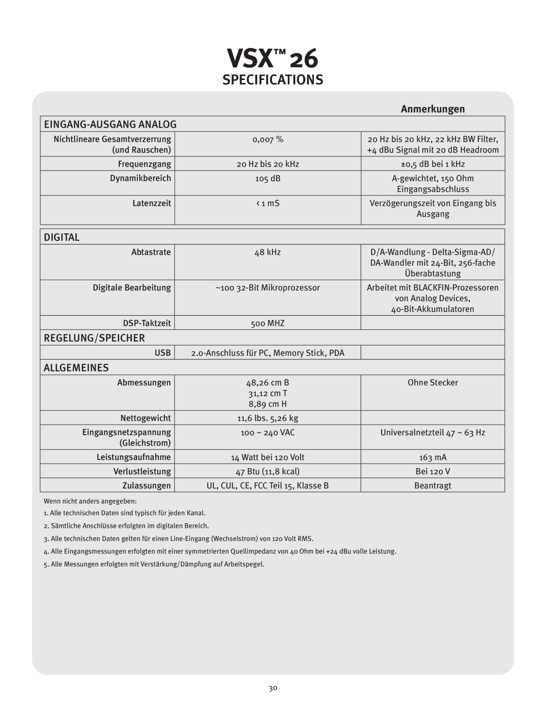 Peavey VSX 26 manual Eingang-Ausganganalog, Regelung/Speicher, Allgemeines, Specifications, Digital, Anmerkungen 