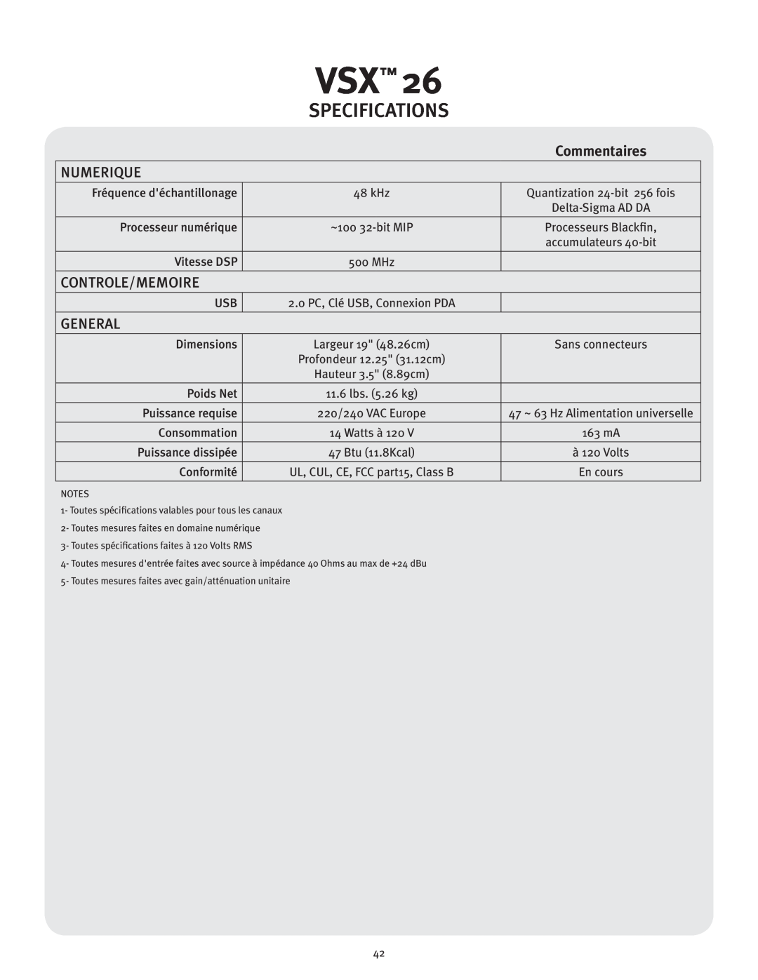 Peavey VSX 26 manual Numerique, Controle/Memoire, Specifications, General, Commentaires 