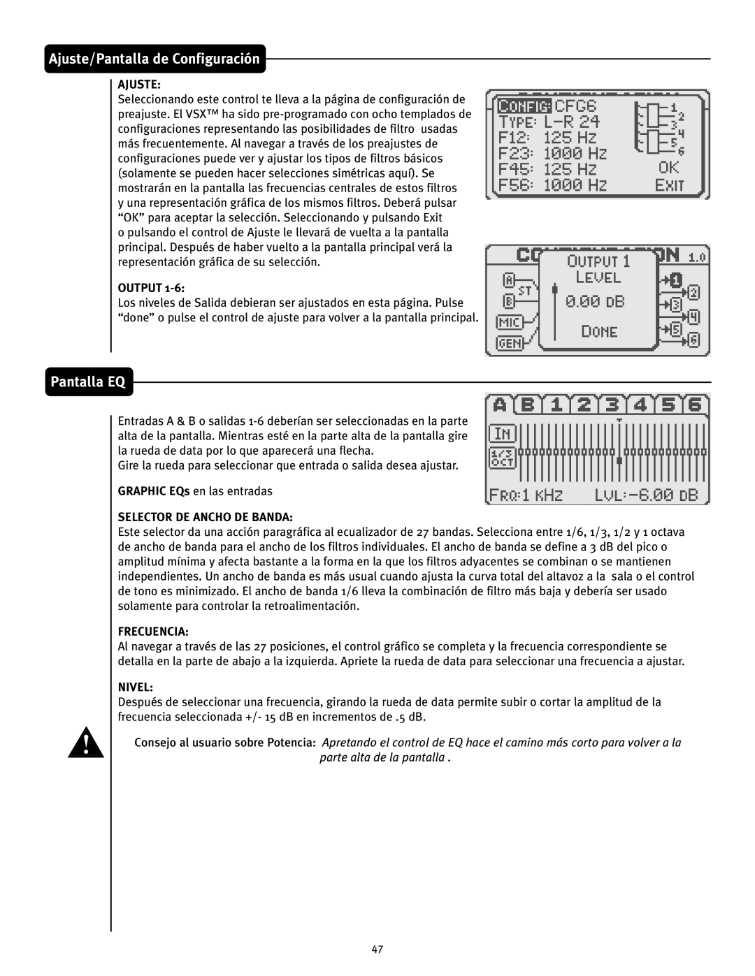 Peavey VSX 26 manual Pantalla EQ, Ajuste/Pantalla de Configuración, Output, Selector De Ancho De Banda, Frecuencia, Nivel 