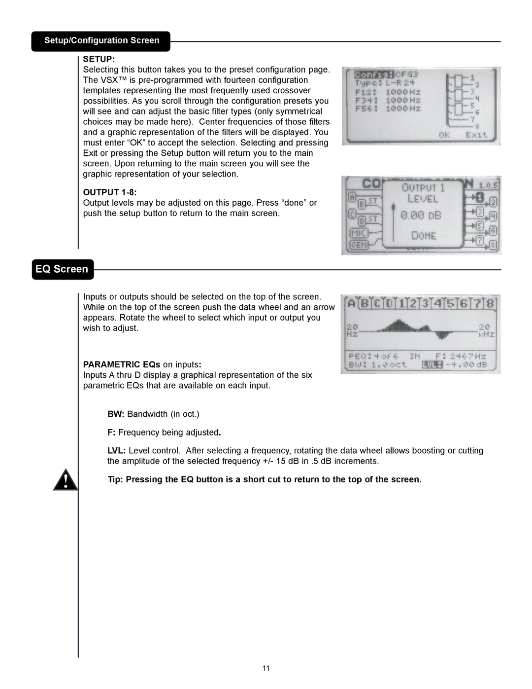 Peavey VSX 48 manual EQ Screen, Setup, Output, Parametric EQs on inputs 