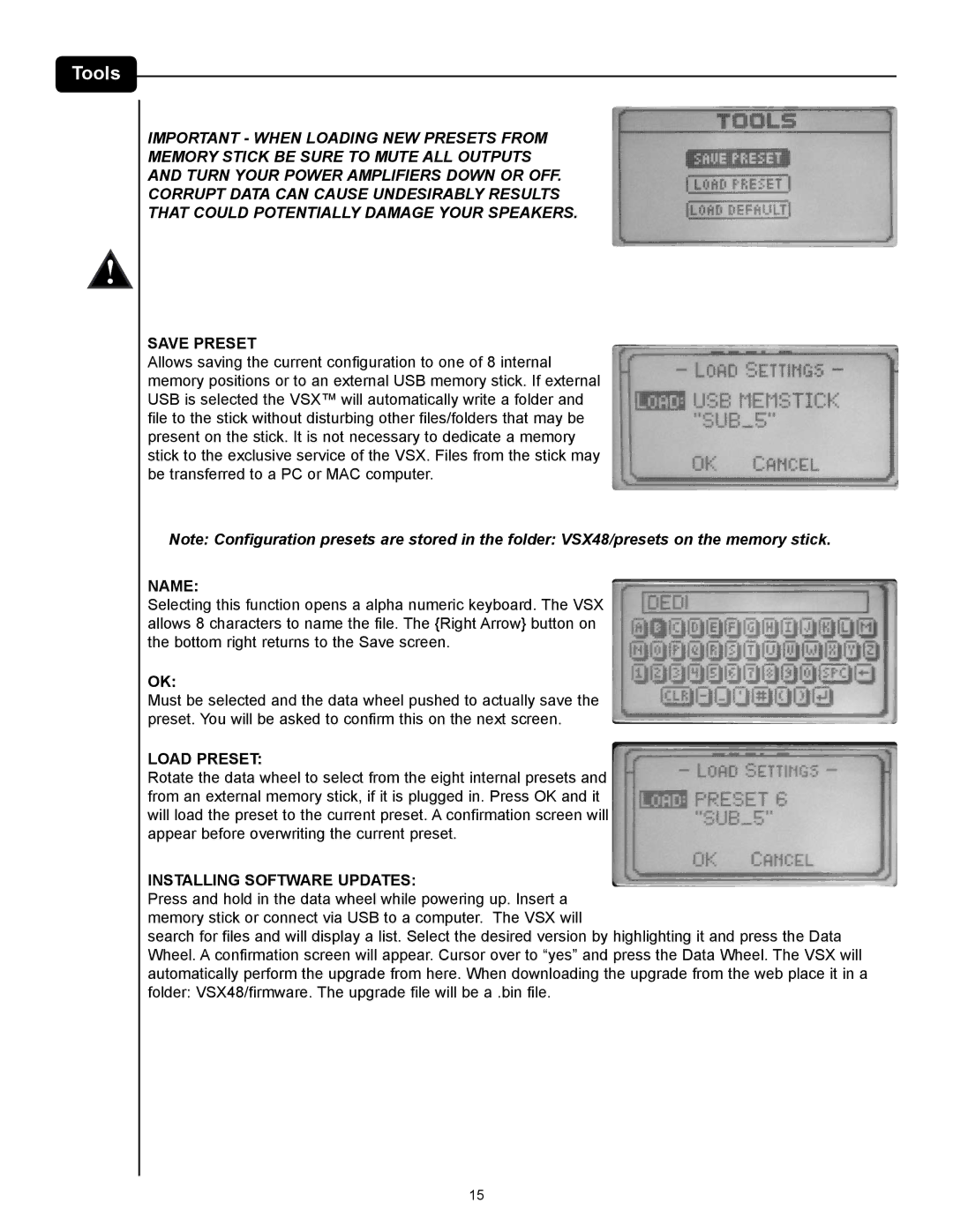 Peavey VSX 48 manual Tools, Save Preset, Name, Load Preset, Installing software updates 