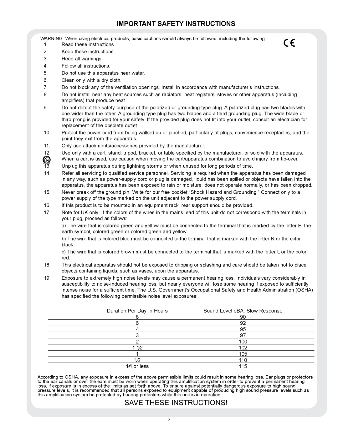 Peavey VSX 48 manual Important Safety Instructions 