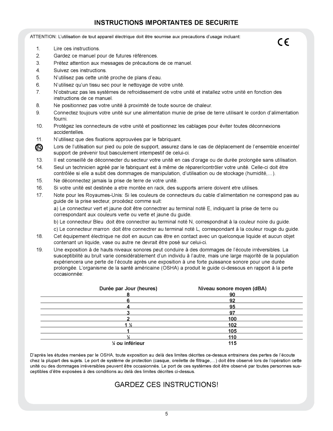 Peavey VSX 48 manual Instructions Importantes DE Securite, ⁄ 4 ou inférieur 