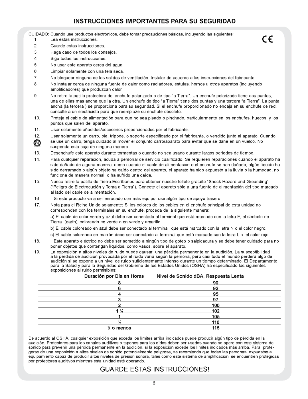 Peavey VSX 48 manual Instrucciones Importantes Para SU Seguridad, ⁄ 4 o menos 