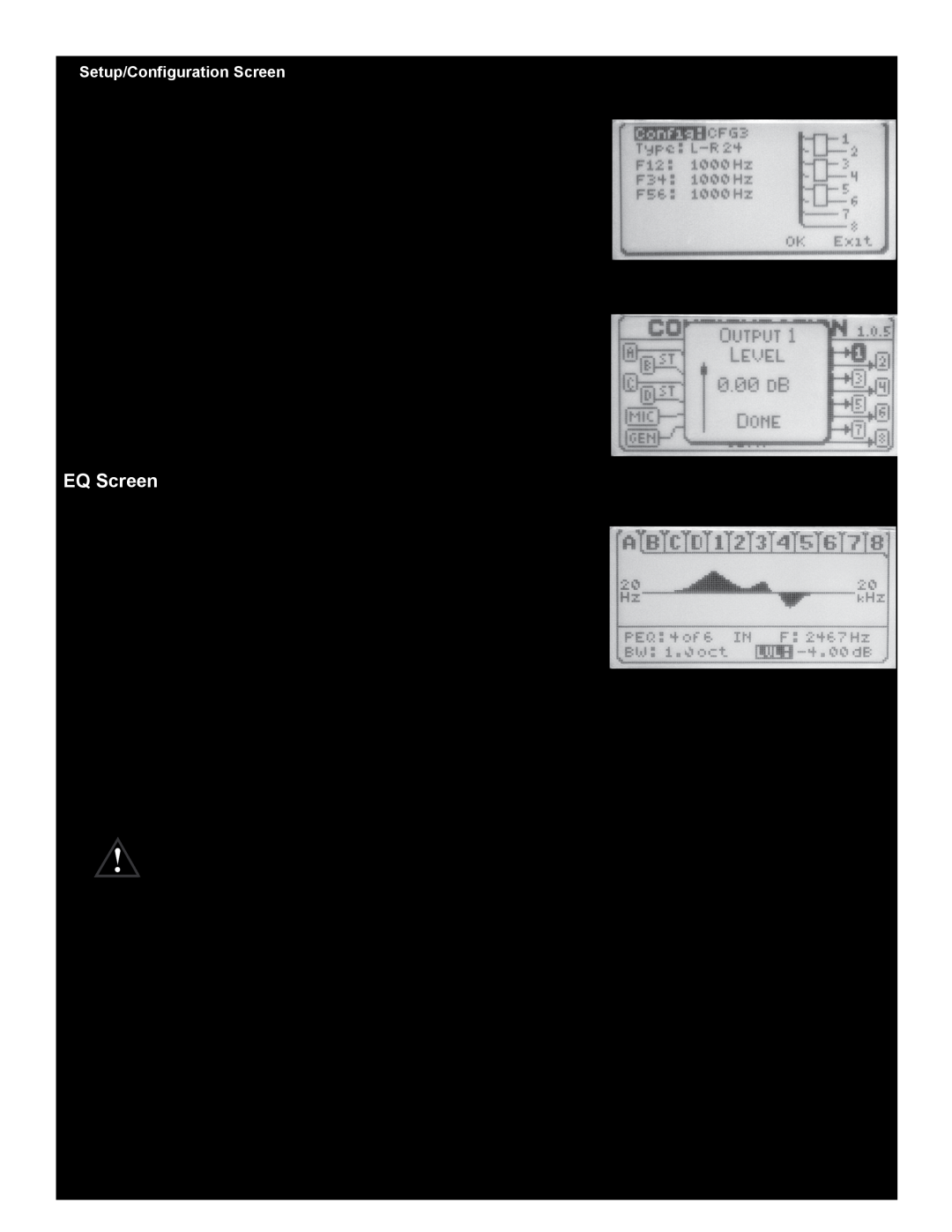 Peavey VSX 48 manual EQ Screen, Setup/Configuration Screen, Output, Parametric EQs on inputs 