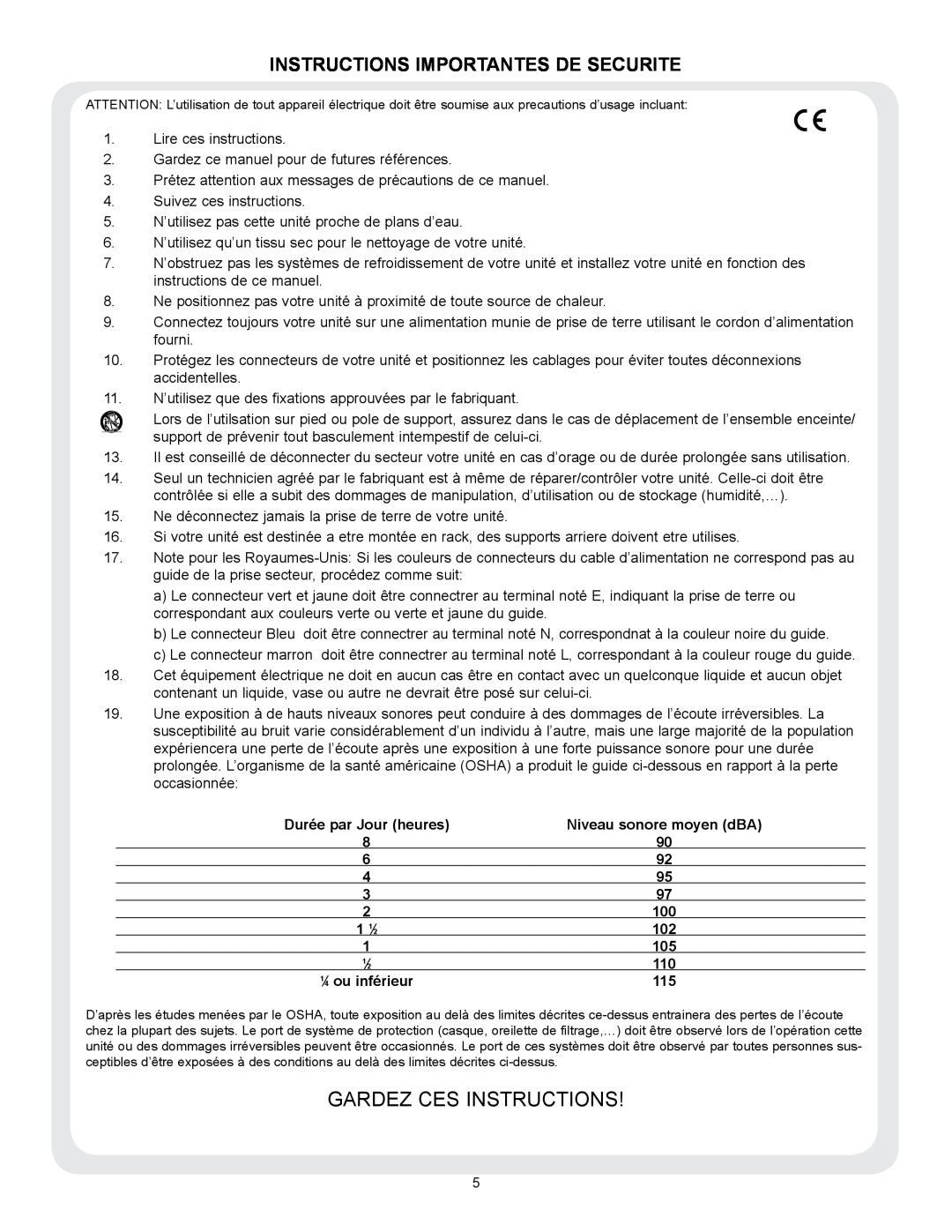 Peavey VSX 48 manual Gardez Ces Instructions, Instructions Importantes De Securite 