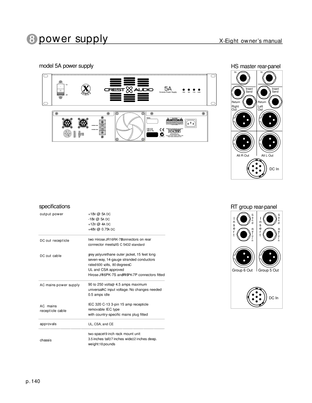 Peavey X-Eight RT, X-Eight HS owner manual Model 5A power supply, Specifications, RT group rear-panel 