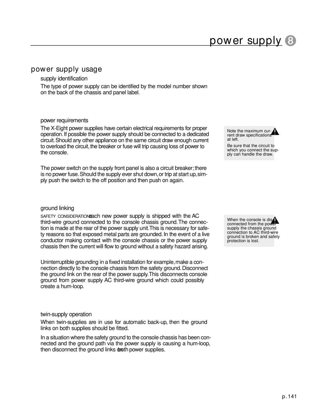 Peavey X-Eight HS Power supply usage, Supply identification, Power requirements, Ground linking, Twin-supply operation 