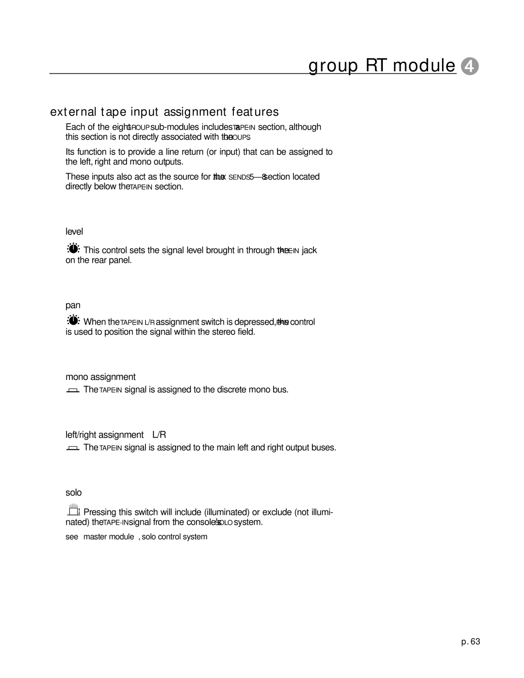 Peavey X-Eight HS, X-Eight RT owner manual External tape input assignment features, Level, Mono assignment 