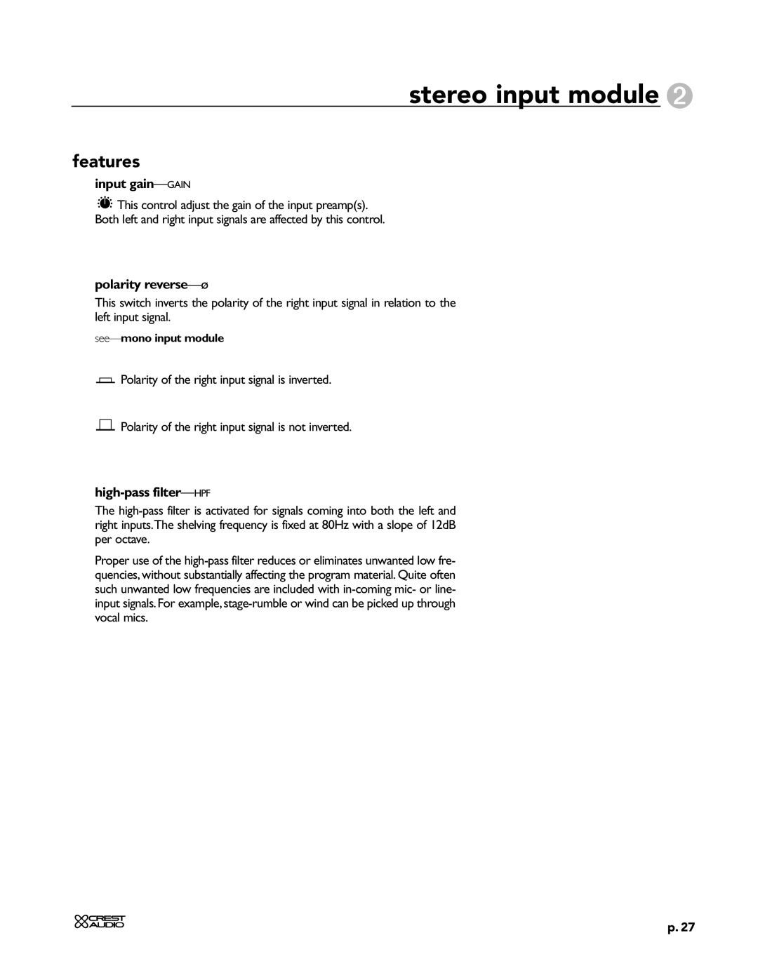 Peavey X-Four owner manual Input gain-GAIN, Polarity reverse-ø 