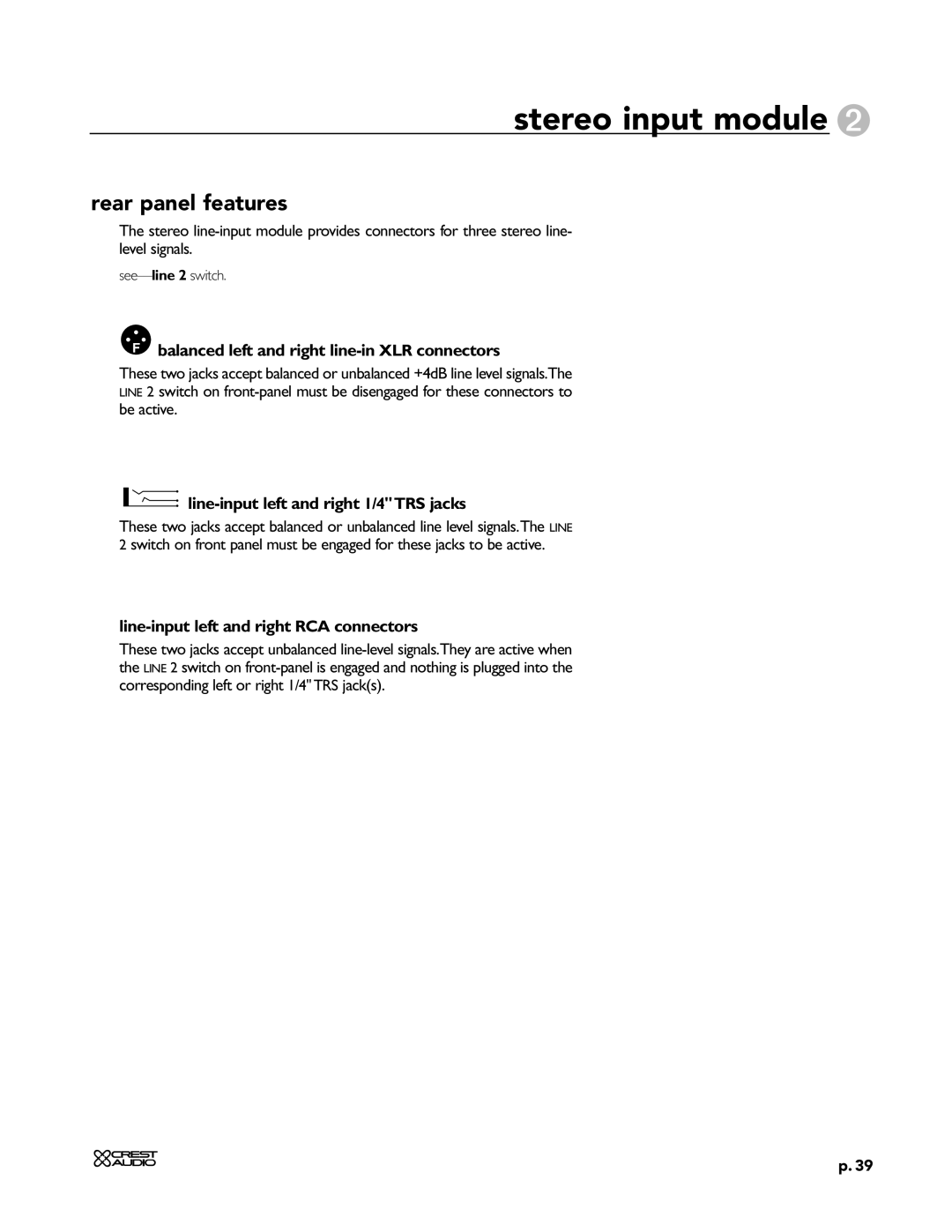 Peavey X-Four owner manual Balanced left and right line-in XLR connectors, Line-input left and right 1/4TRS jacks 