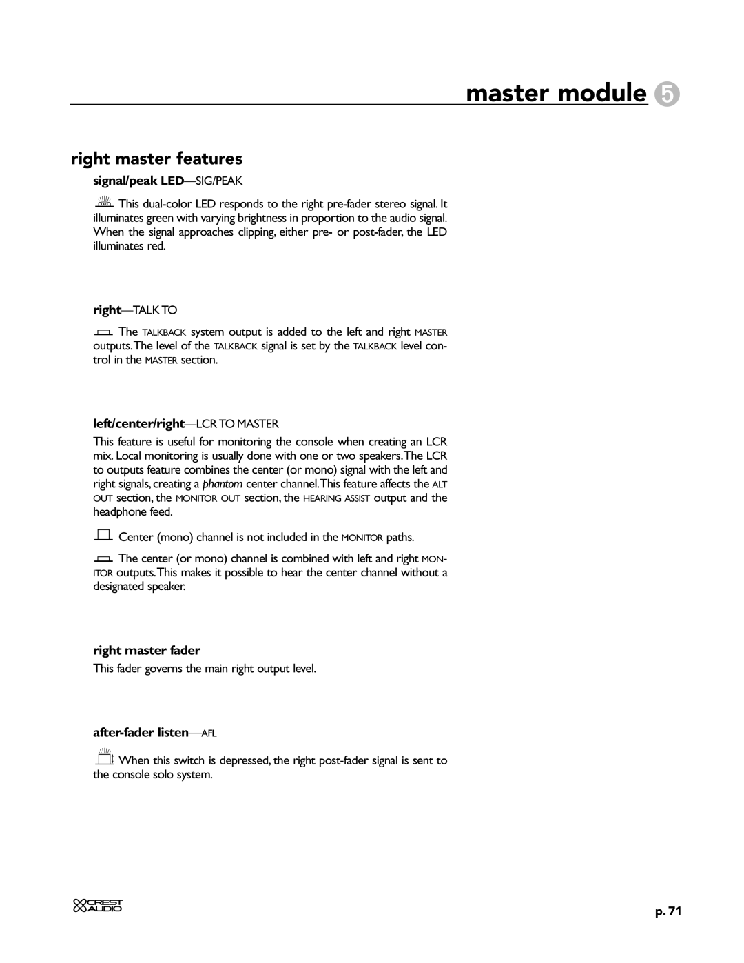 Peavey X-Four owner manual Right master features, Left/center/right-LCR to Master, Right master fader 