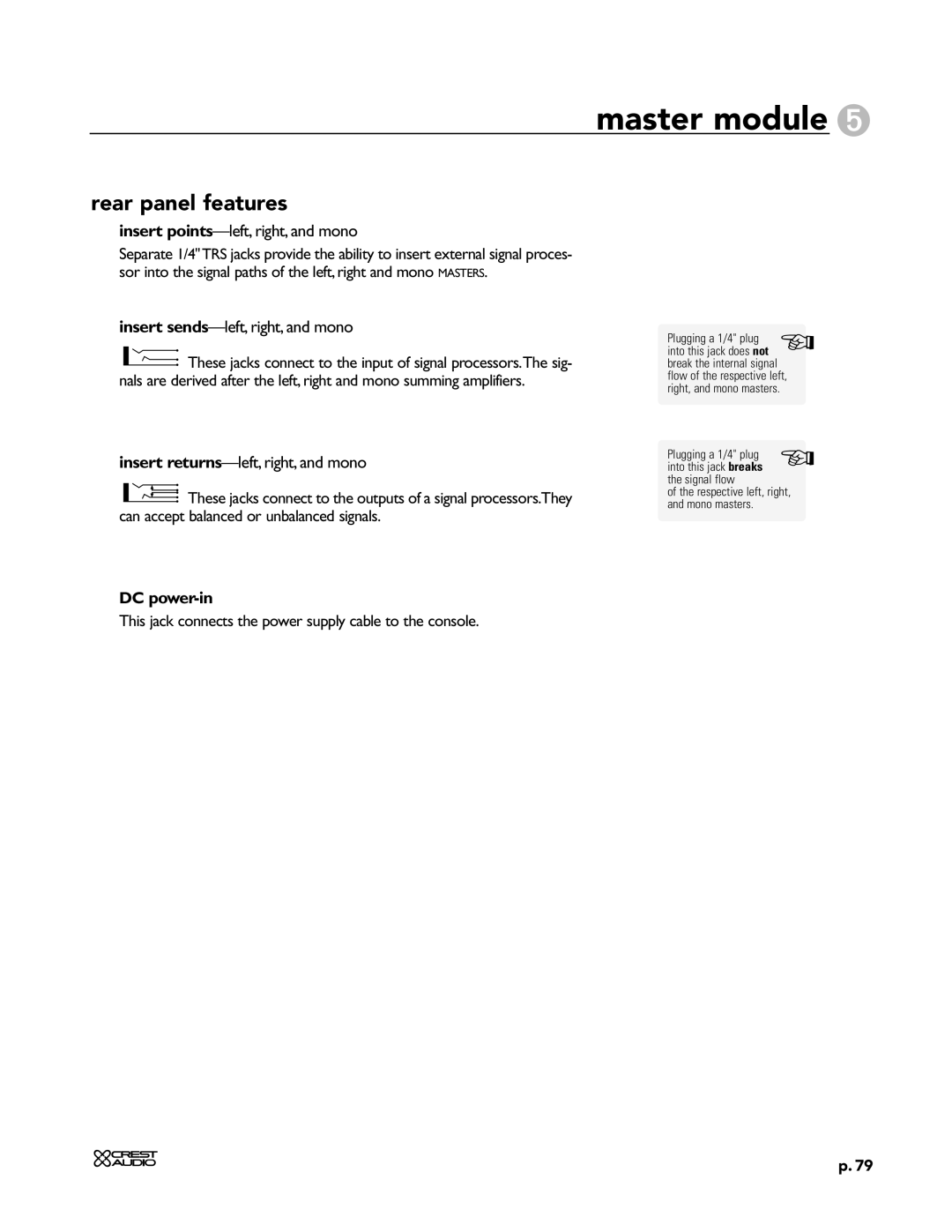 Peavey X-Four owner manual Insert points-left, right, and mono, DC power-in 