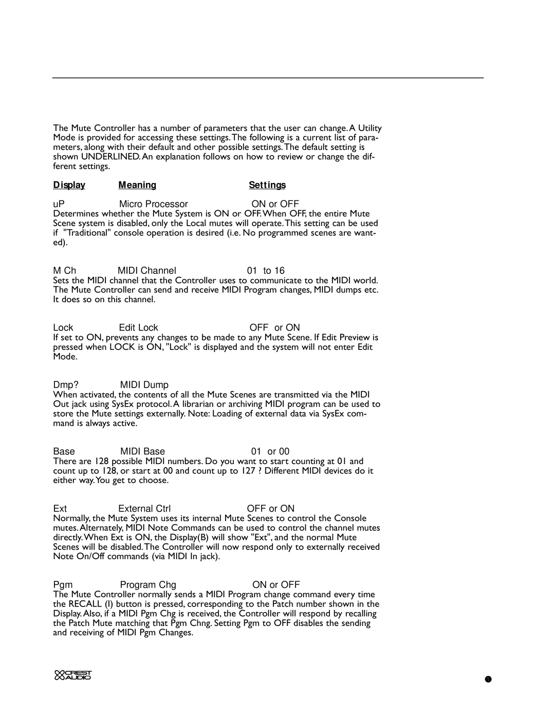 Peavey X-VCA owner manual Utilities, Display Meaning Settings 