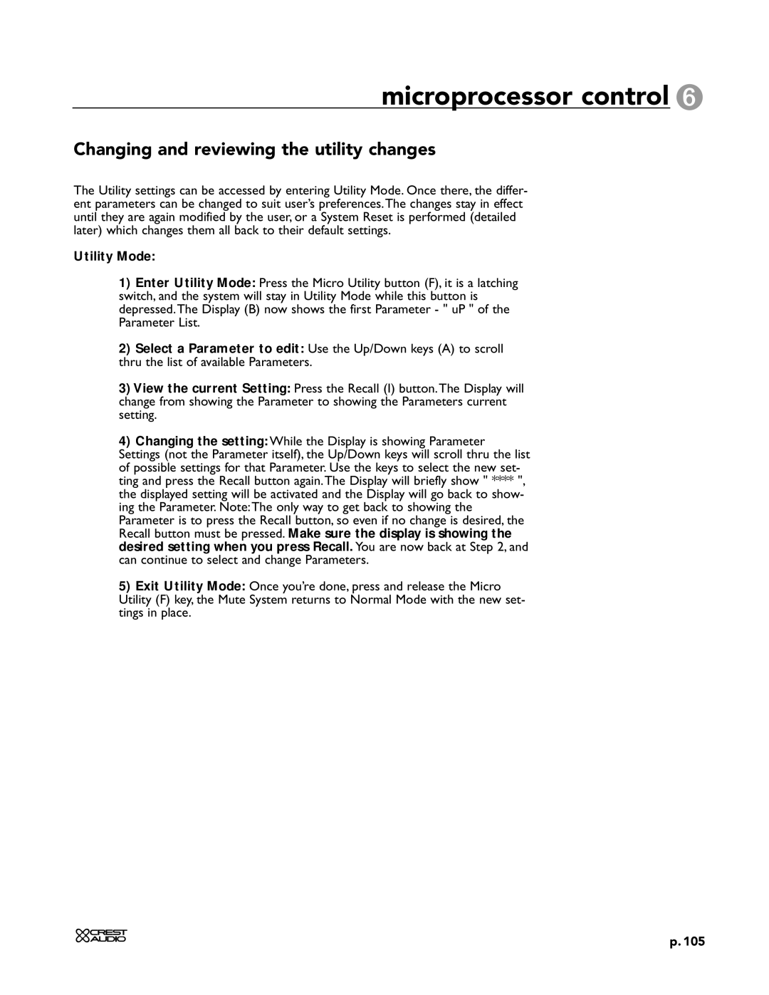 Peavey X-VCA owner manual Changing and reviewing the utility changes, Utility Mode 