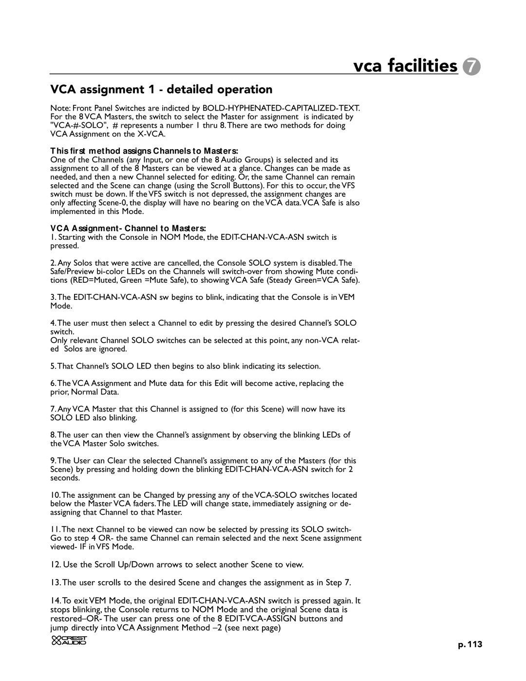 Peavey X-VCA owner manual VCA assignment 1 detailed operation, This first method assigns Channels to Masters 