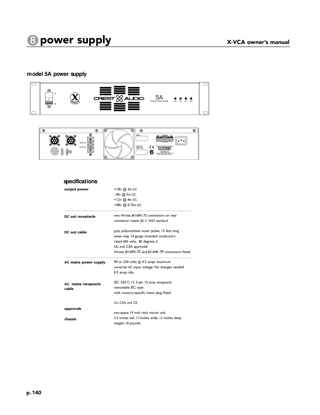 Peavey X-VCA owner manual Model 5A power supply Specifications, DC out receptacle DC out cable 