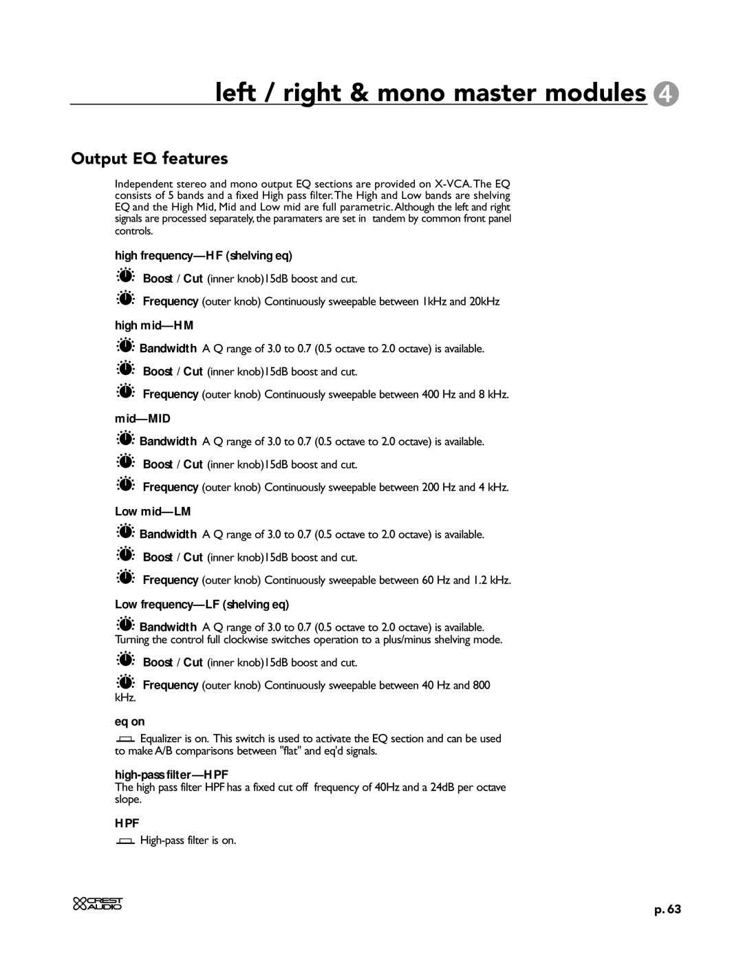 Peavey X-VCA owner manual Output EQ features 