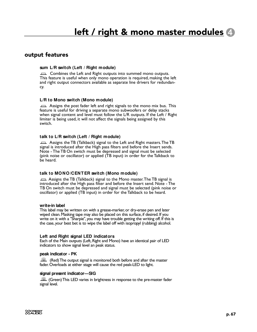 Peavey X-VCA owner manual Output features, Sum L/R switch Left / Right module, To Mono switch Mono module 