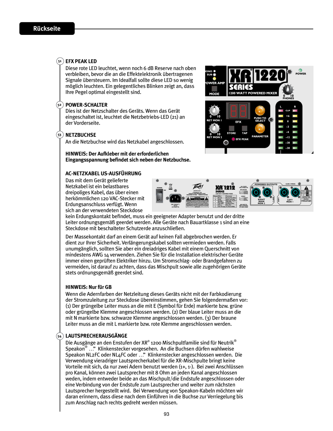 Peavey XR 1220, XR 1212 manual %FsVglmfcfsNjuEfsFsgpsefsmjdifo, JOHBOHTTQBOOVOHCF¾OEFUTJDIOFCFOEFS/FUCVDITF 