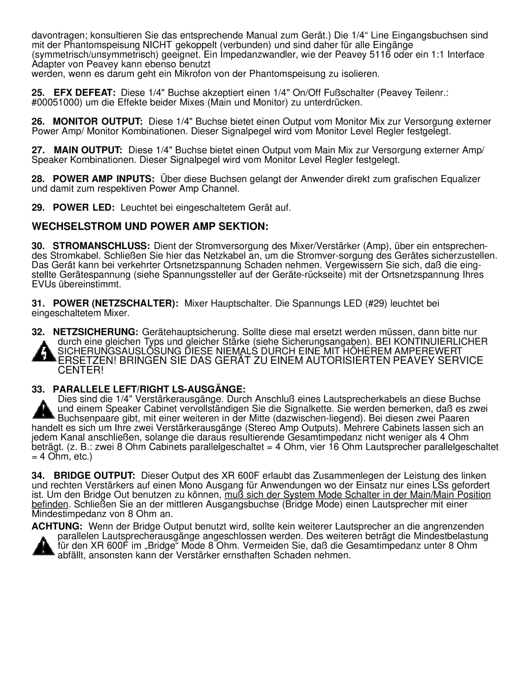 Peavey XR 600F owner manual Wechselstrom UND Power AMP Sektion, Parallele LEFT/RIGHT LS-AUSGÄNGE 