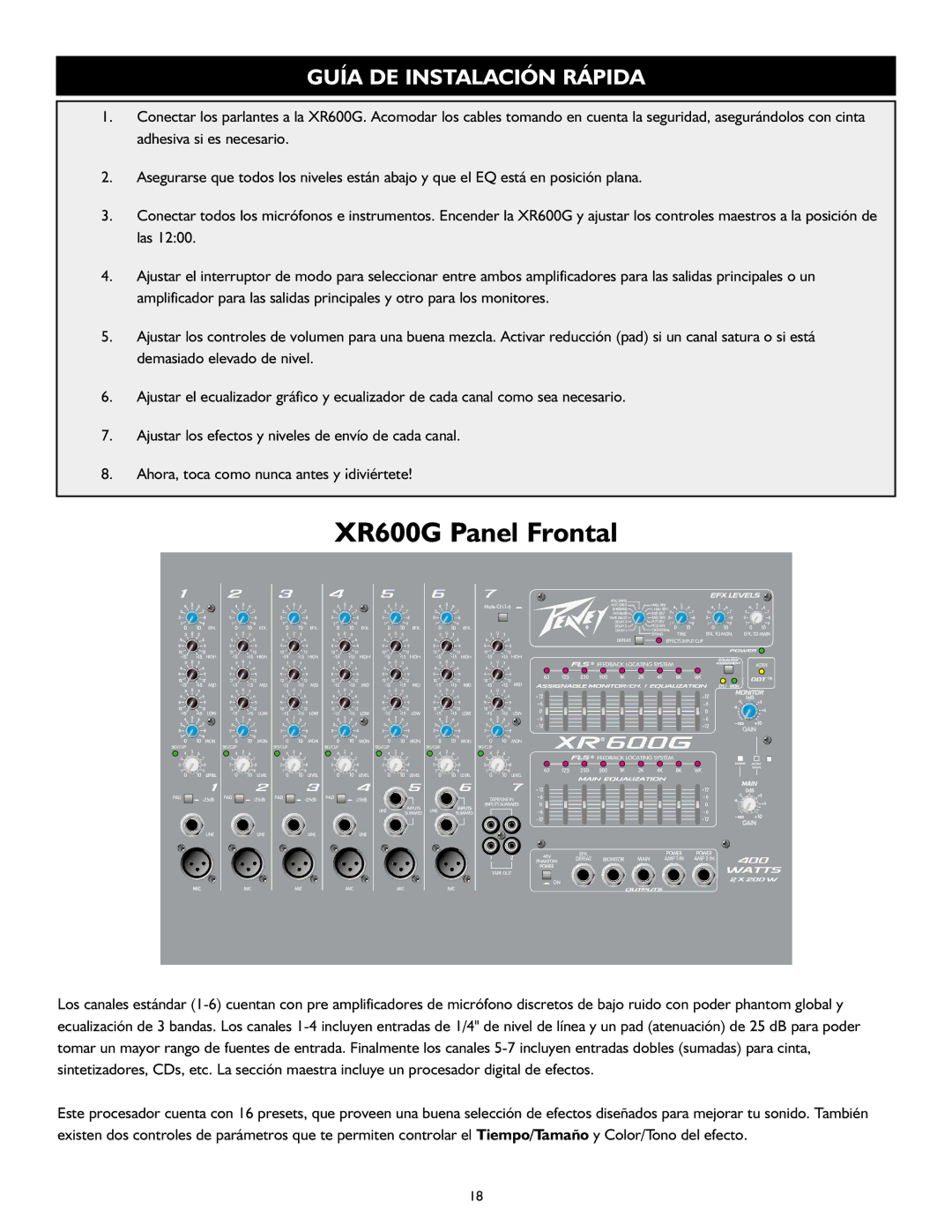 Peavey XR 600G operation manual XR600G Panel Frontal, Guía DE Instalación Rápida 