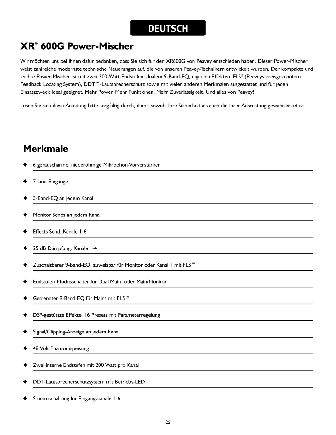 Peavey operation manual XR 600G Power-Mischer, Merkmale 