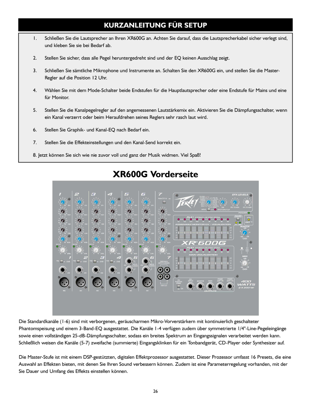 Peavey XR 600G operation manual XR600G Vorderseite, Kurzanleitung FÜR Setup 