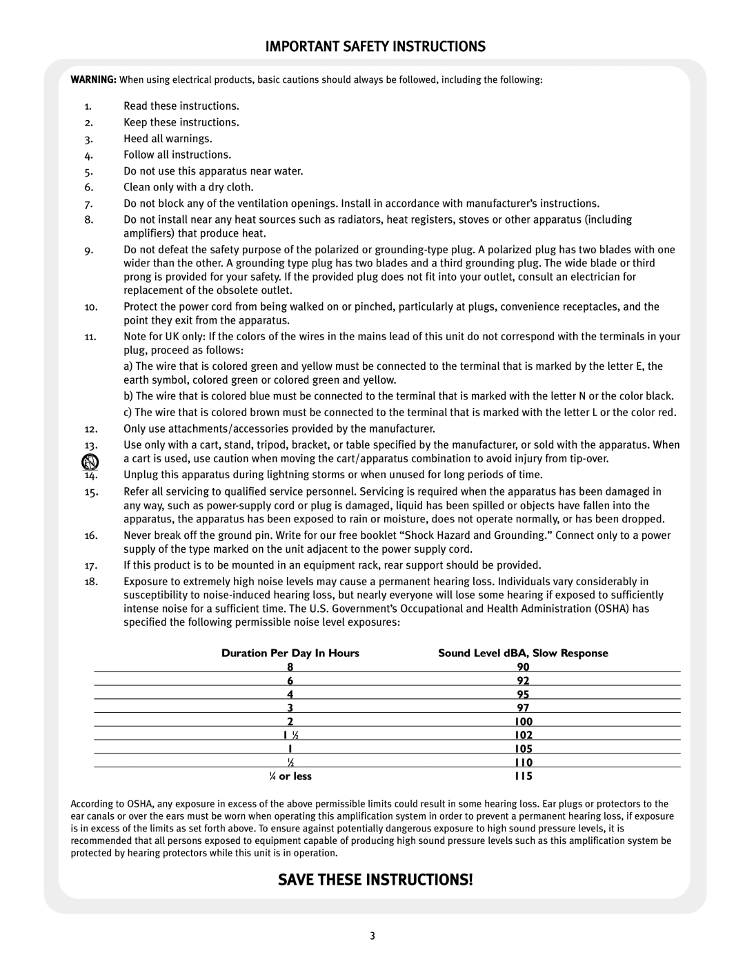 Peavey XR 600G operation manual Important Safety Instructions 