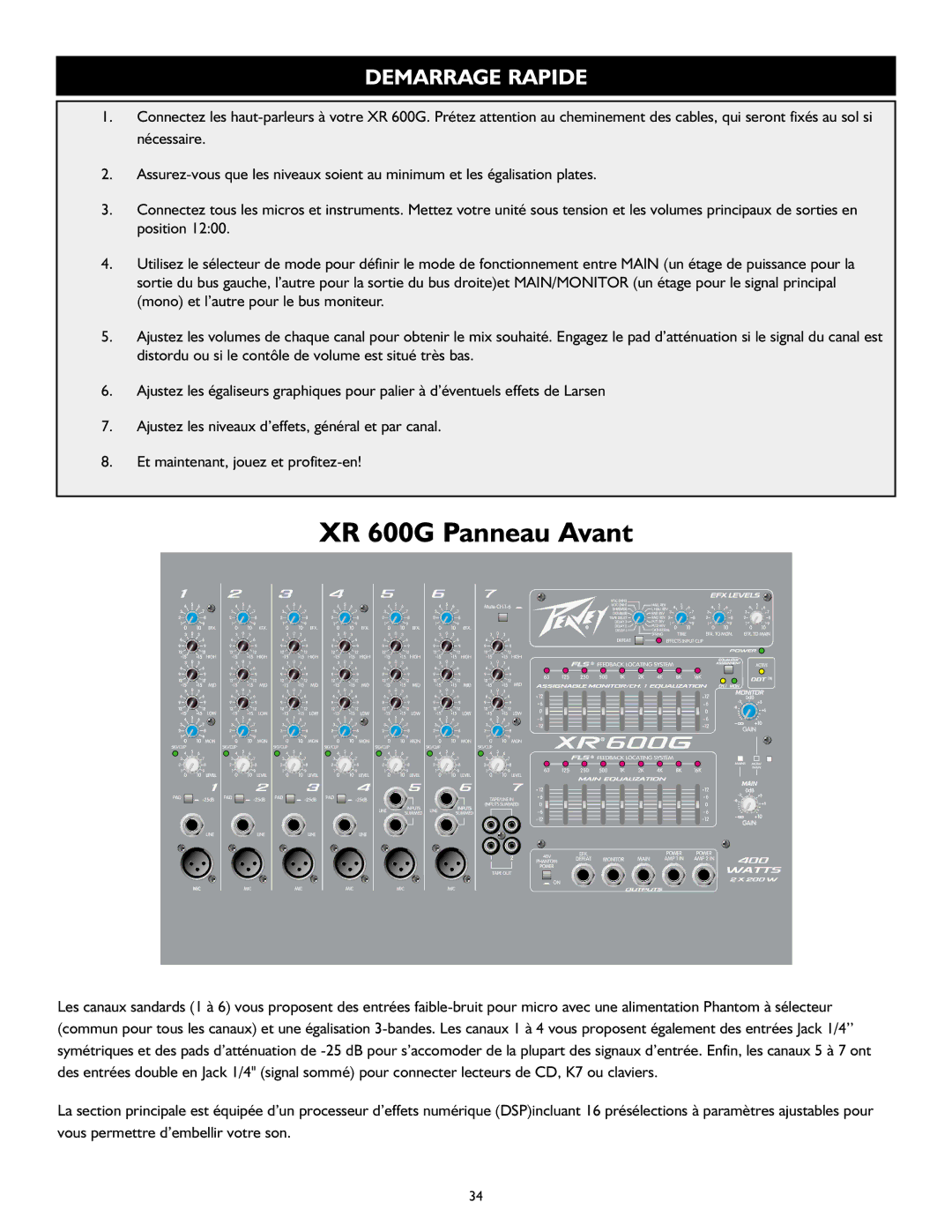 Peavey operation manual XR 600G Panneau Avant, Demarrage Rapide 