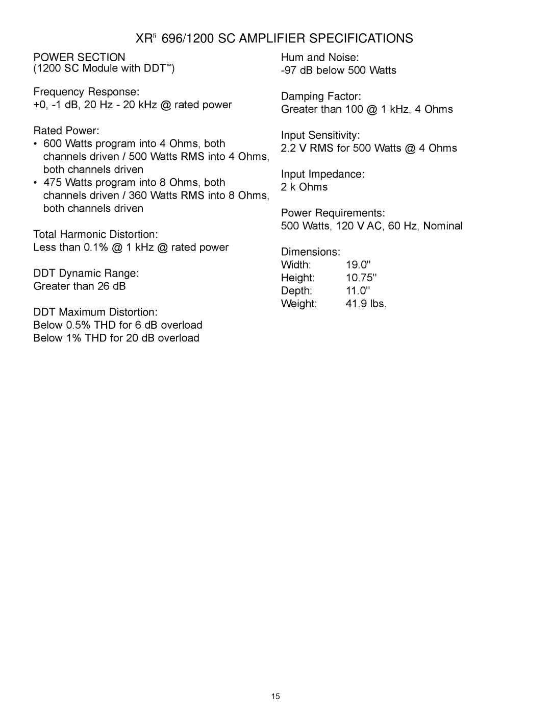 Peavey manual XR 696/1200 SC Amplifier Specifications, Power Section 