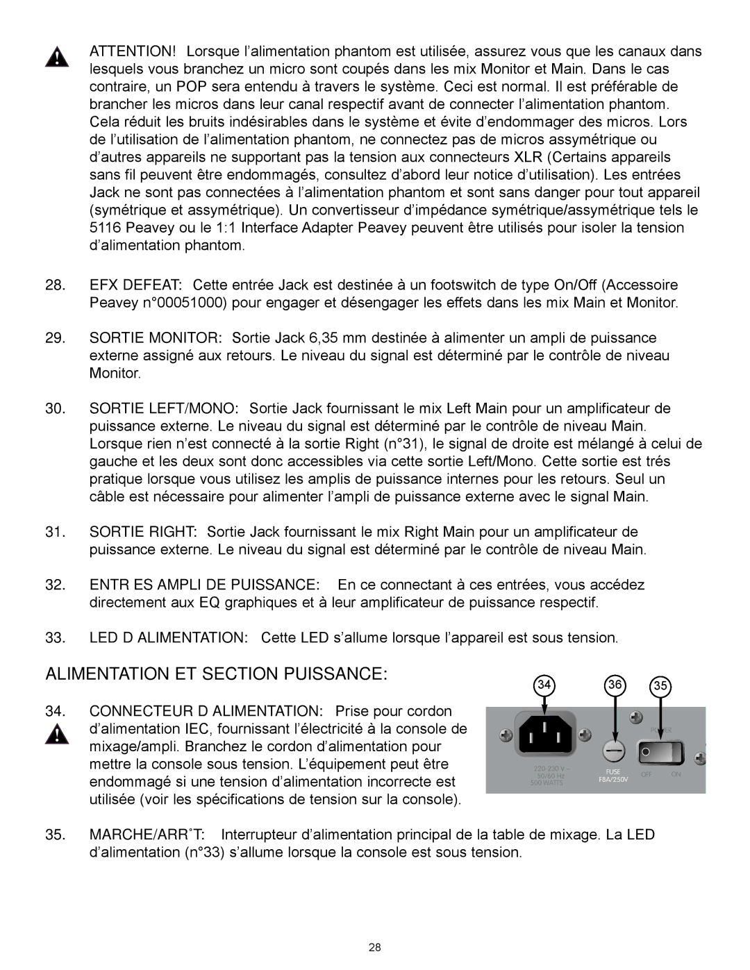 Peavey XR 696 manual Alimentation ET Section Puissance, Connecteur D’ALIMENTATION Prise pour cordon 