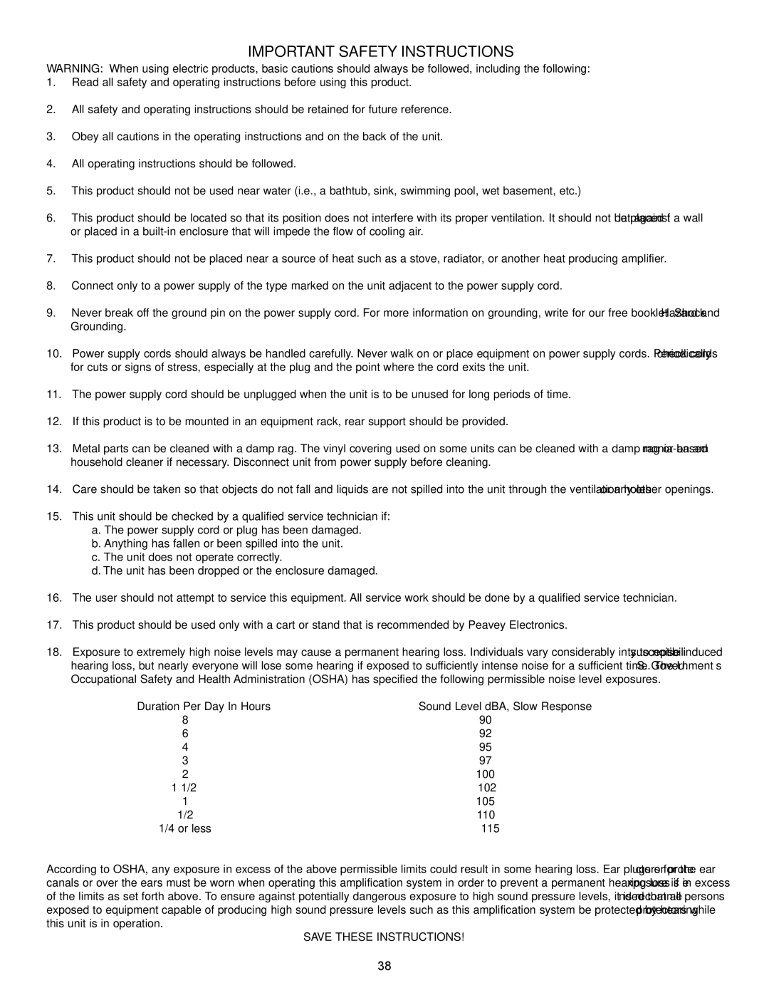 Peavey XR 696 manual Important Safety Instructions 