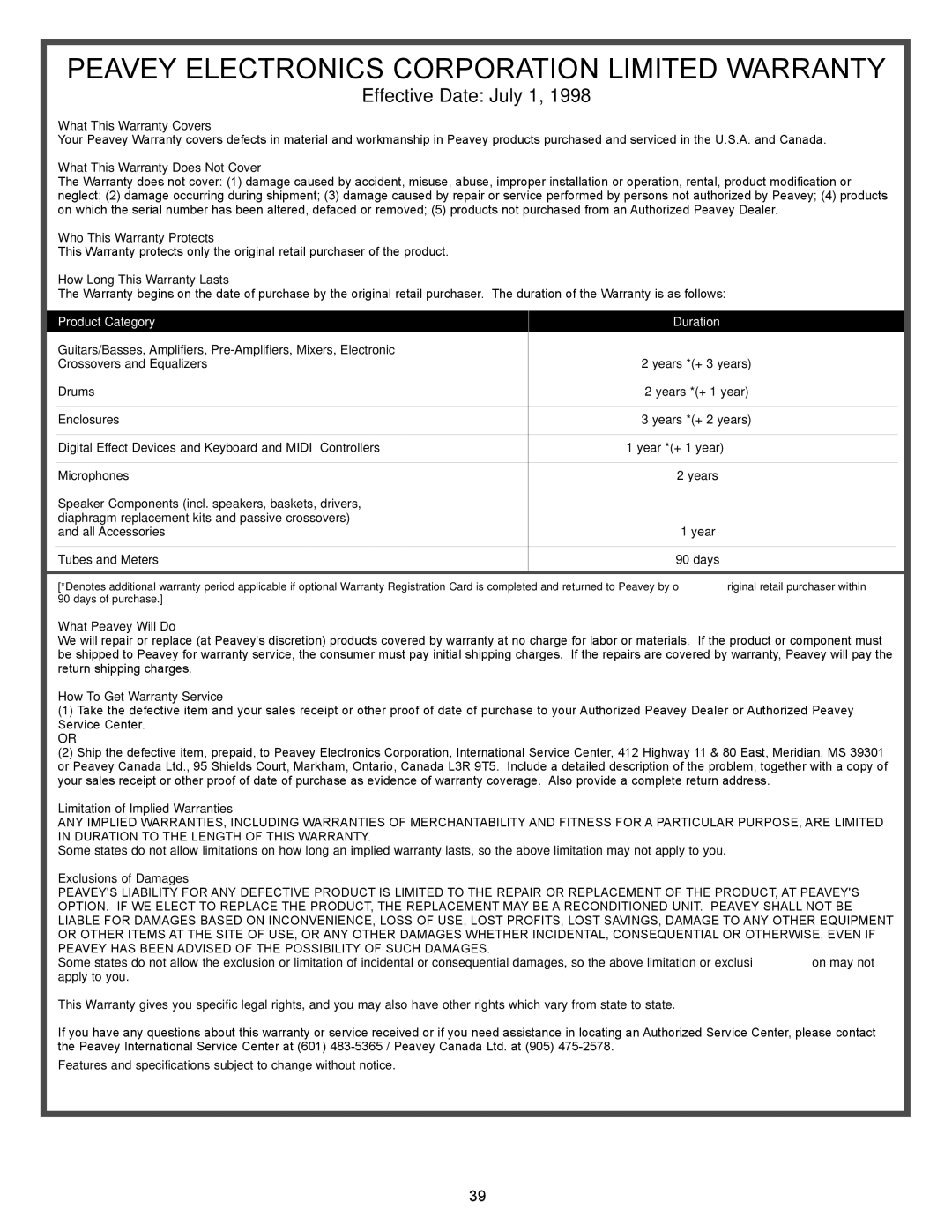 Peavey XR 696 manual Peavey Electronics Corporation Limited Warranty 