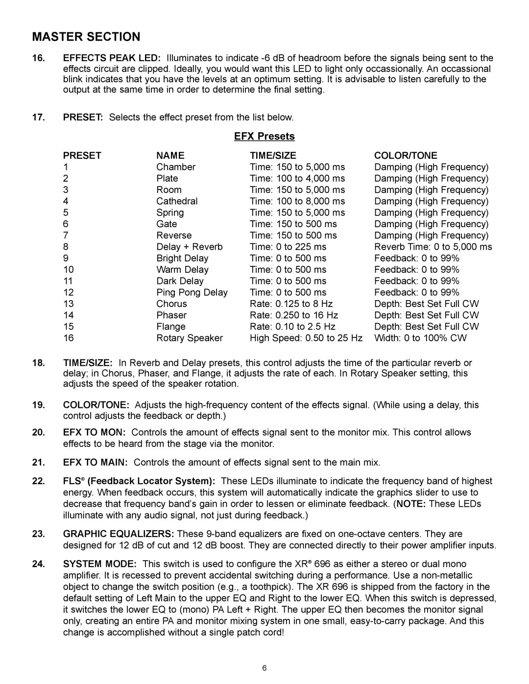 Peavey XR 696 manual Master Section, EFX Presets 