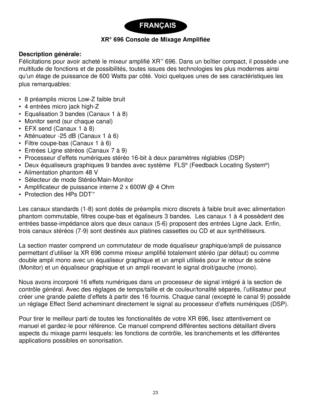 Peavey manual Français, XR 696 Console de Mixage Amplifiée Description générale 