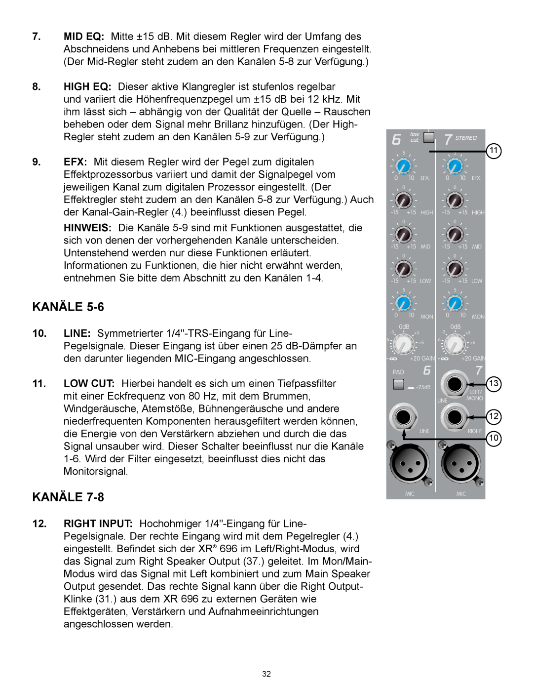 Peavey XR 696 manual Kanäle, HIGH EQ Dieser aktive Klangregler ist stufenlos regelbar 