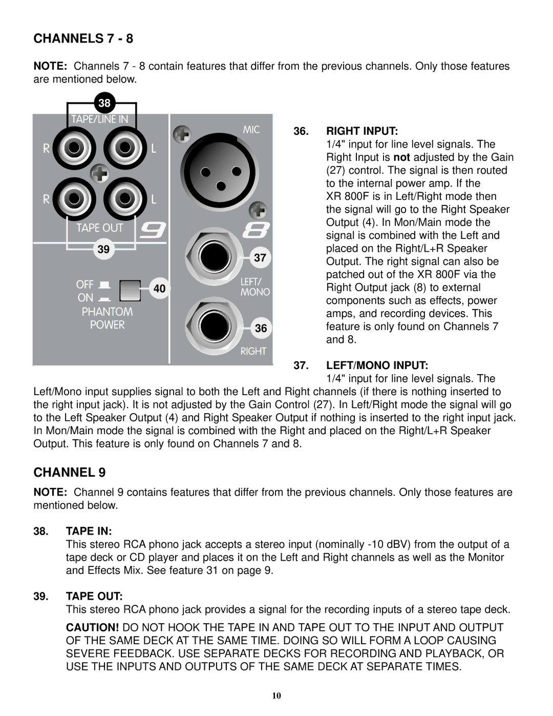 Peavey XR 800F manual Channels 7, Right Input, LEFT/MONO Input, Tape OUT 