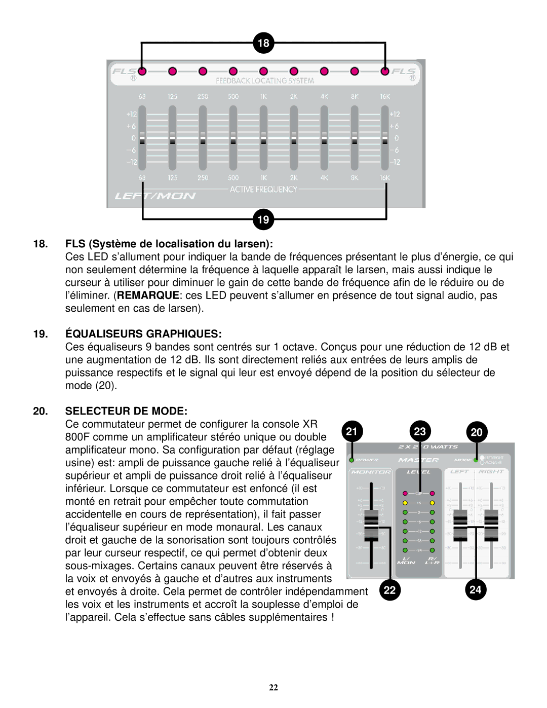 Peavey XR 800F manual FLS Système de localisation du larsen, 19. Équaliseurs Graphiques, Selecteur DE Mode 