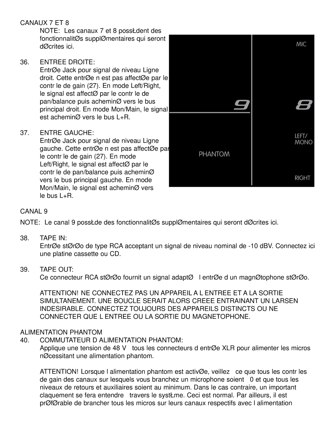 Peavey XR 800F Canaux 7 ET, Entree Droite, Entre Gauche, Canal, Alimentation Phantom Commutateur D’ALIMENTATION Phantom 