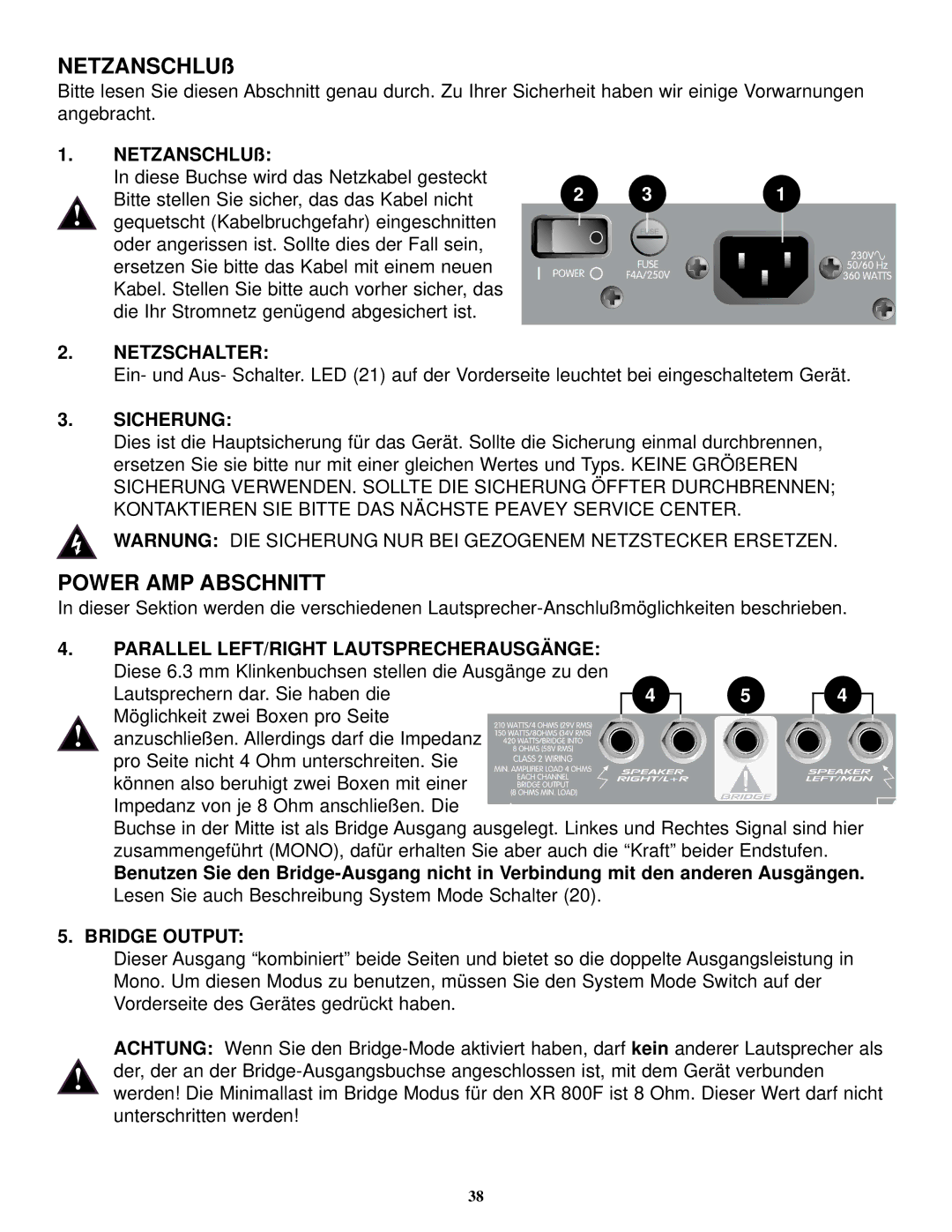Peavey XR 800F manual NETZANSCHLUß, Power AMP Abschnitt, Netzschalter, Sicherung 
