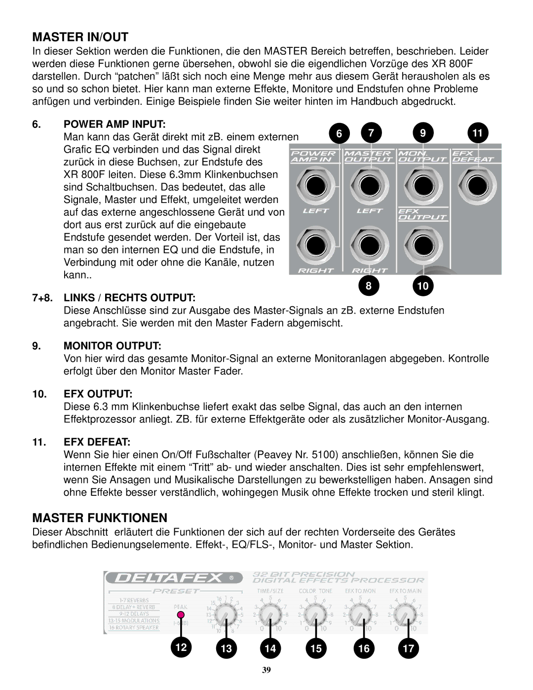 Peavey XR 800F manual Master Funktionen, Power AMP Input, Links / Rechts Output, EFX Defeat 