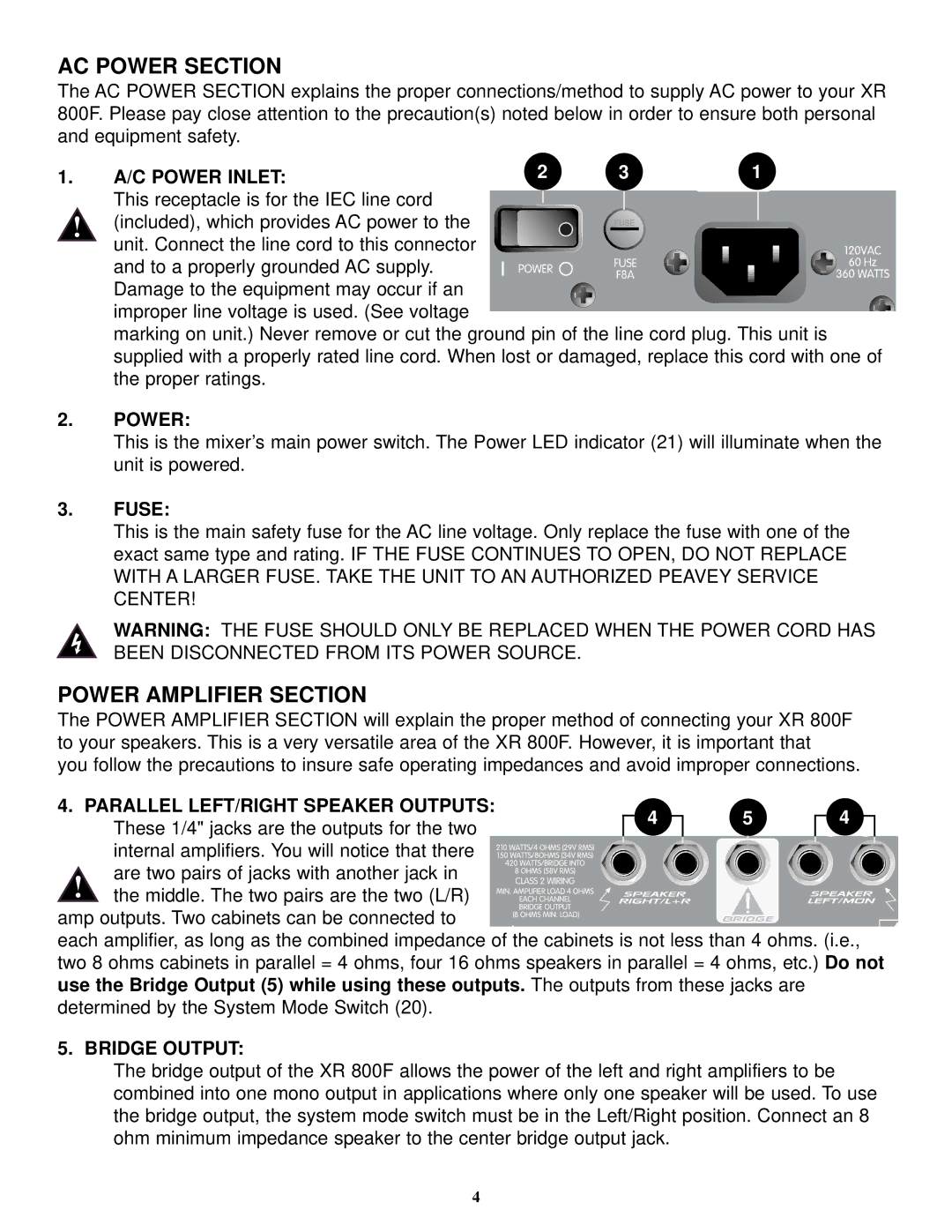 Peavey XR 800F manual AC Power Section, Power Amplifier Section 